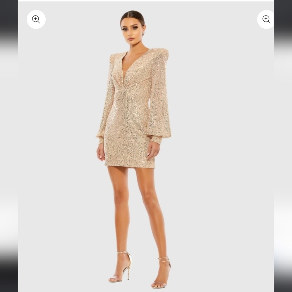 Ieena For Mac Duggal, Sequined Structured Bishop Sleeve Mini Dress, Rose Gold, 2